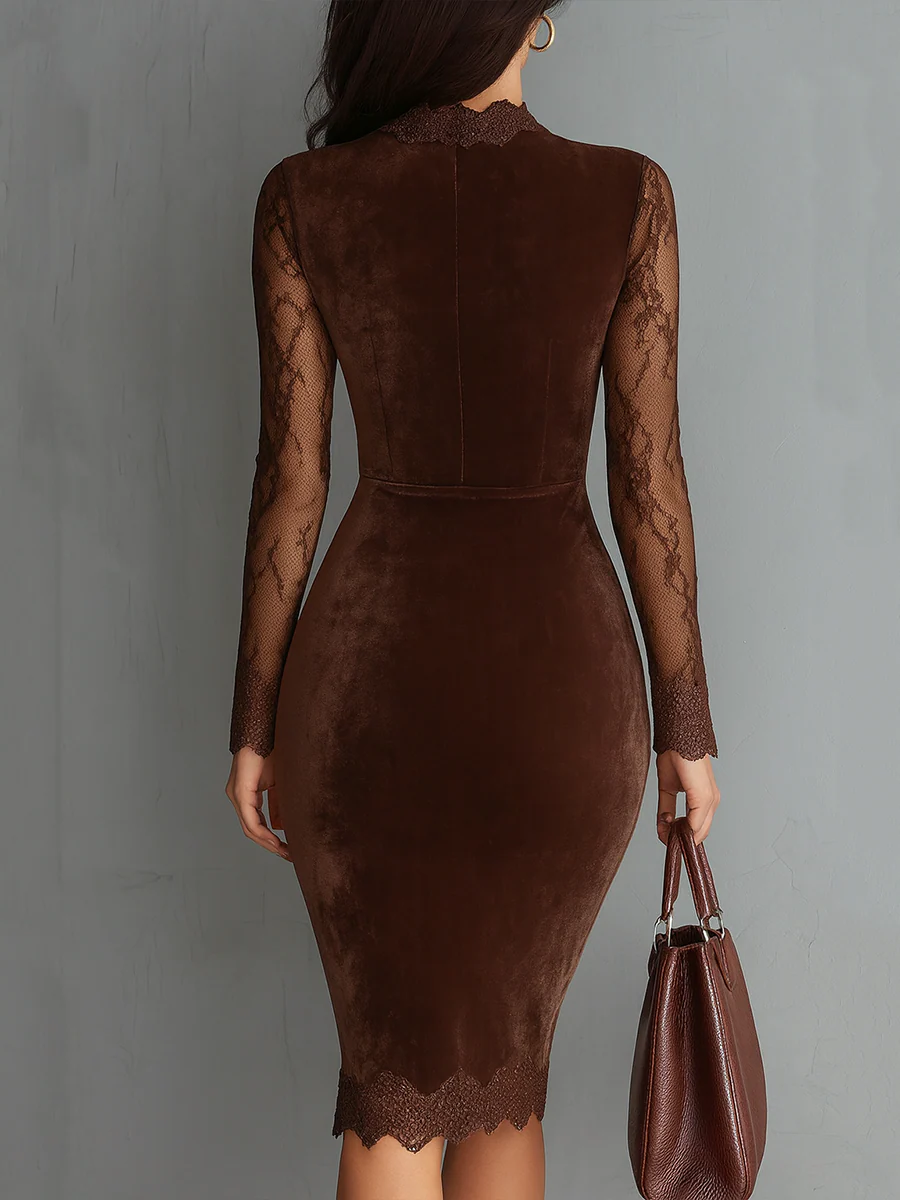 שמלות מיני קטיפה עם שרוולים תחרה בצורת חור מפתח חום וינטאג'